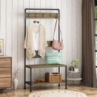 Kay Indoor Industrial Acacia Wood Bench with Shelf and Coat Hooks Gray