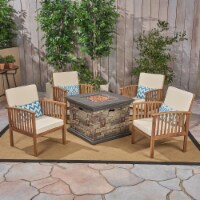 Carol Outdoor 4-Seater Acacia Wood Club Chairs with Firepit, Brown Patina Finish and Cream