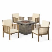 Carol Outdoor 4-Seater Acacia Wood Club Chairs with Firepit, Gray Finish and Cream and Wood