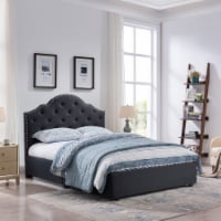 Gentry Contemporary Button-Tufted Upholstered Queen Bed Frame with Nailhead Accents Black