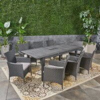 Austin Outdoor Wood and Wicker Expandable Dining Set Dark Gray + Gray + Silver 9-Piece Set