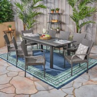 Ellis Outdoor 7 Piece Wood and Wicker Expandable Dining Set Dark Gray + Gray Set of 9