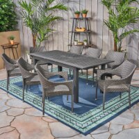 Kelly Outdoor Wood and Wicker Expandable Dining Set Dark Gray + Gray Set of 9
