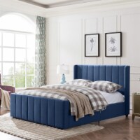 Riley Fully Upholstered Queen Size Bed Frame Navy Blue