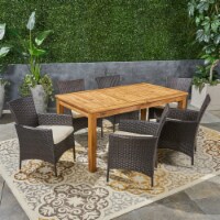 Austin Outdoor Wood and Wicker Expandable Dining Set Natural Stained + Multi Brown + Beige