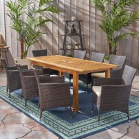 Austin Outdoor Wood and Wicker Expandable Dining Set Natural Stained + Multi Brown + Beige