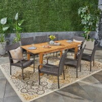 Ellis Outdoor 7 Piece Wood and Wicker Expandable Dining Set Natural Stained + Brown Set of 9