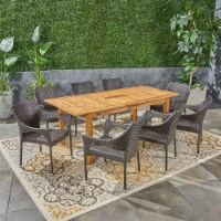 Kelly Outdoor Wood and Wicker Expandable Dining Set Natural Stained + Brown Set of 9