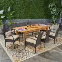 Elis Outdoor 7 Piece Wood and Wicker Expandable Dining Set Natural + Brown Wicker Set of 9