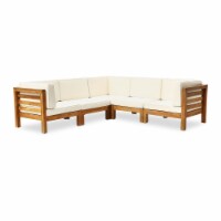 Dawson Outdoor V-Shaped Sectional Sofa Set - 5-Seater - Acacia Wood - Outdoor Cushions red