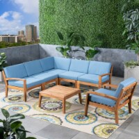 Amaryllis Outdoor Acacia Wood 6 Seater Sectional Sofa and Club Chair Set with Coffee Table