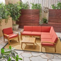 Amaryllis Outdoor Acacia Wood 6 Seater Sectional Sofa and Club Chair Set with Coffee Table