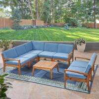 Amaryllis Outdoor Acacia Wood 7 Seater Sectional Sofa and Loveseat Set with Coffee Table Blue