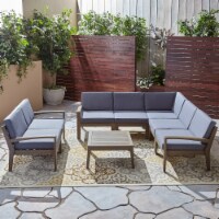 Amaryllis Outdoor Acacia Wood 7 Seater Sectional Sofa and Loveseat Set with Coffee Table Dark