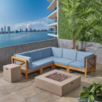 Cytheria Outdoor Acacia Wood 5 Seater Sectional Sofa Set with Fire Pit Blue