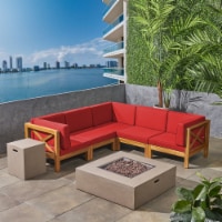 Cytheria Outdoor Acacia Wood 5 Seater Sectional Sofa Set with Fire Pit Red