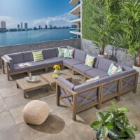 Cytheria Outdoor Acacia Wood 10 Seater U-Shaped Sectional Sofa Set with Two Coffee Tables