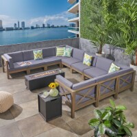 Lorelei Outdoor Acacia Wood 10 Seater U-Shaped Sectional Sofa Set with Fire Pit Gray / Dark