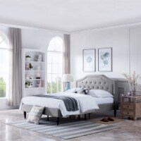 Renee Contemporary Low Profile Fully Upholstered Fabric Platform Bed Frame, Queen Light Gray