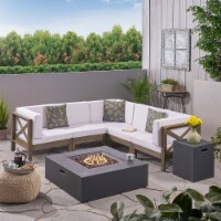 Cytheria Outdoor Acacia Wood 5 Seater Sectional Sofa Set with Fire Pit White