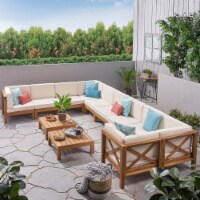 Cynthia Outdoor Acacia Wood 10 Seater U-Shaped Sectional Sofa Set with Two Coffee Tables teak