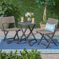 Ida Outdoor Acacia Wood Wicker Foldable Bistro Set with Chairs and Table dark gray + brown