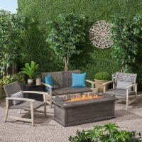 Rachel Outdoor 5 Piece Wood and Wicker Chat Set with Fire Pit mixed black + light gray washed
