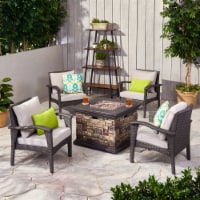 Modesty Outdoor 4 Club Chair Chat Set with Fire Pit gray + light gray + stone