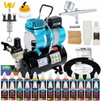 Dual Fan Air Tank Compressor System with Airbrush, 24 Color Paint Set, Hose, Cleaning Pot