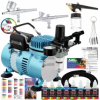 Dual Fan Air Compressor Airbrushing System with 3 Airbrushes - 6 Primary Colors Paint Set