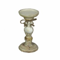 8 Inch Wood Pedestal Candle Holder Rustic White Washed Pillar With Sea Shells