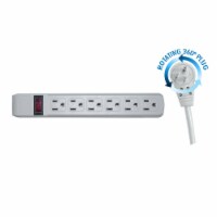 Surge Protector, Flat Rotating Plug, Gray Horizontal Outlets, Plastic, Power Cord 6 foot