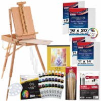 63 Piece Oil Artist Painting Kit with Wood French Easel, 24 Oil Paints, Stretched Canvas Set