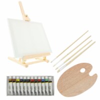 Wood Studio Table Easel & Oil Paint Box Set - 12 Paint Colors, Canvas Panels, Brushes