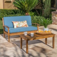 Keanu Outdoor Acacia Wood Loveseat and Coffee Table Set with Cushions Blue