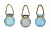Set of 3 Hobnail Beaded Glass  Tealight Candle Lanterns with Rope Handles