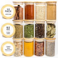 12 Natural Bamboo Spice Jars 8.5 OZ | Large Glass Jars with Bamboo Lids