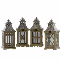 Urban Trends Collection 40166-AST Wood Square Lantern With Silver Pierced Metal Top- Ring Han