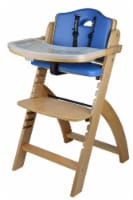 Abiie Beyond Wooden High Chair with Tray. (Natural Wood - Blue Cushion)