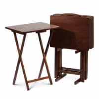PJ Wood Folding TV Tray Tables w/ Compact Storage Rack, Honey Oak, 5 Piece Set