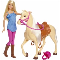 Barbie Doll, Blonde, Wearing Riding Outfit with Helmet, and Light Brown Horse with White Mane