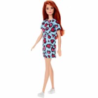 Barbie Doll Red Hair Wearing Yellow and Purple Heart-Print Dress and Platform Sneakers Perspective: Main