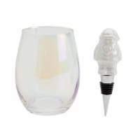 Holiday Home Iridescent Stemless Wine Glass with Santa Bottle Stopper Set Perspective: Main