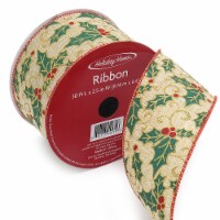 Holiday Home 2.5" Linen Holly Berry Wire Edge Christmas Ribbon Perspective: Main
