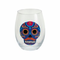 Holiday Home® Day of the Dead Stemless Wine Glass - Blue Skull Perspective: Main