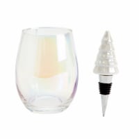 Holiday Home Iridescent Stemless Wine Glass with Tree Bottle Stopper Set Perspective: Main