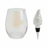 Holiday Home Iridescent Stemless Wine Glass with Gnome Bottle Stopper Set Perspective: Main