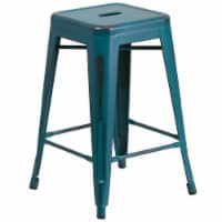 Flash Furniture 24'' High Backless Distressed Metal Indoor Counter-Height Stool Blue