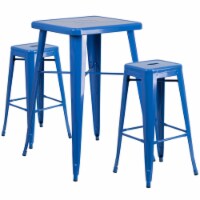 23.75  Square Blue Metal Indoor-Outdoor Bar Table Set With 2 Square Seat Backless Stools