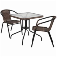 Flash Furniture TLH-073SQ-037BN2-GG 28 in. Rattan Edging Square Glass Table & 2 Stack Chair, 